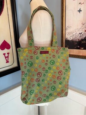 True Vintage Y2K Bungalo Green and Rainbow Peace Sign Tote Bag